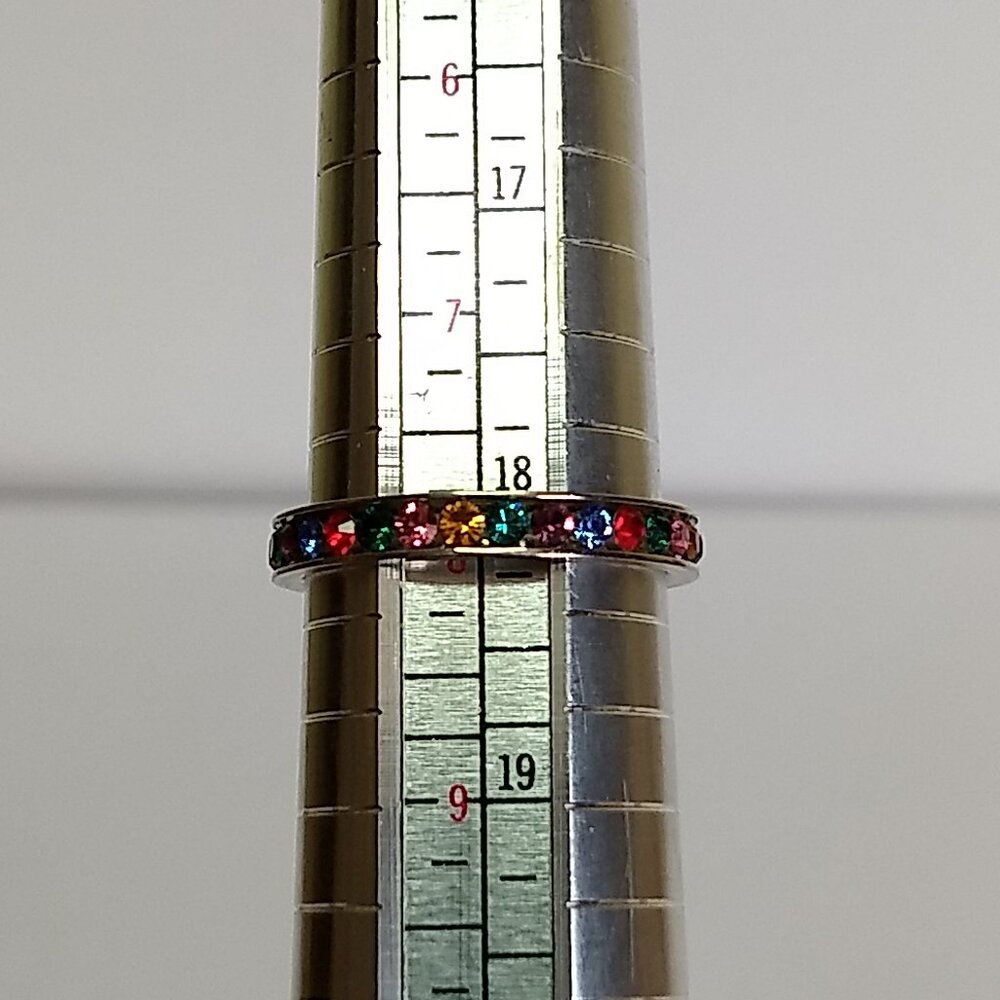 Silver Tone Multicolor Rainbow Stone Ring Band Marked ATI Taiwan Size 8 Colorful